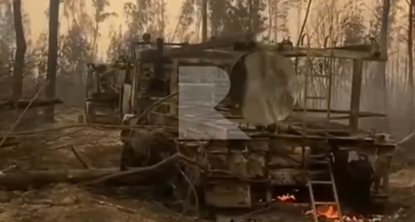 Опубликованы кадры сгоревшей от лесного пожара под Рязанью техники