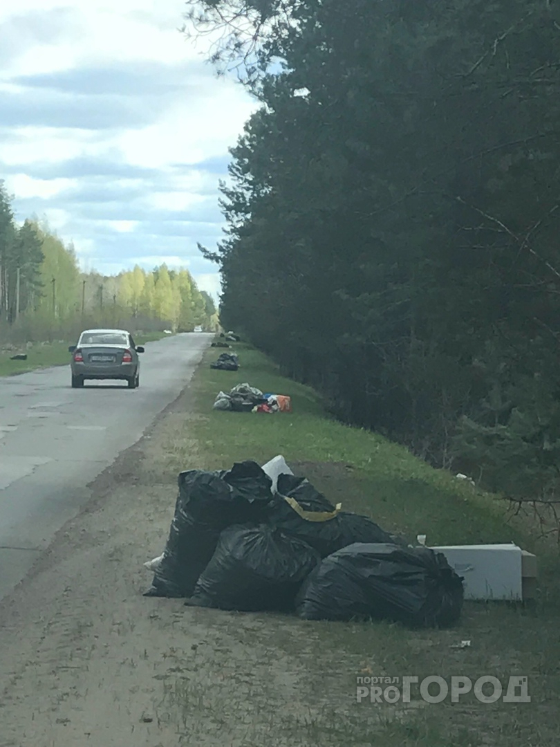 После субботника рязанские чиновники оставили весь собранный мусор вдоль дороги