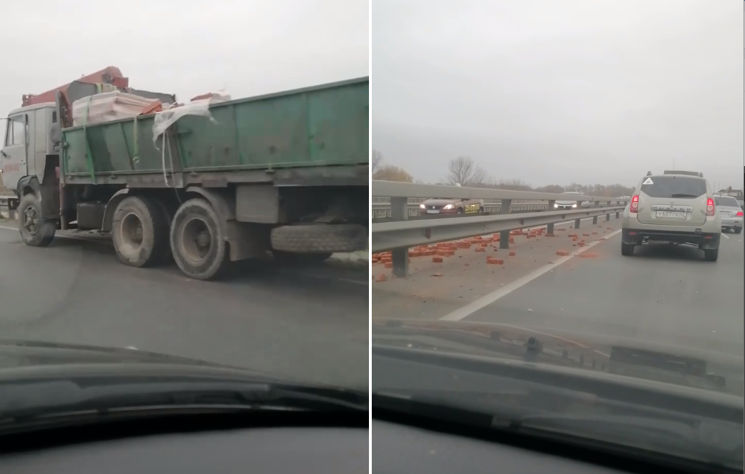 Дождь из кирпичей: на Солотчинском шоссе попал в аварию грузовик со строительным грузом