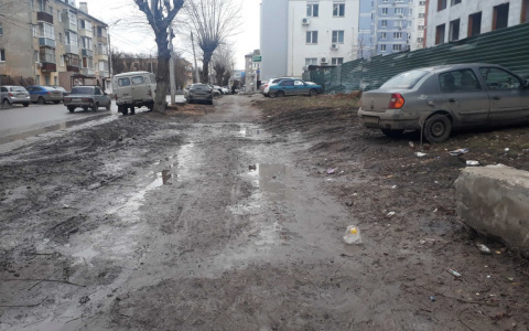 Последствия парковки на газоне: тротуар на улице Маяковского превратился в болото